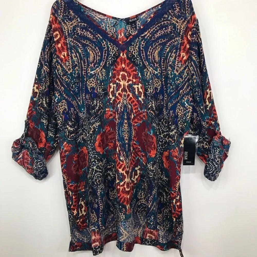 ANA Jewel tone Paisley Print Lightweight Flowy V Neck Roll Sleeve Blouse NEW